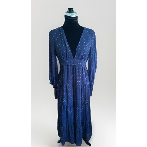 Madewell Navy Clip Dot V Neck Midi Dress Tiered Tie Sleeve Boho Prairie Size 8 - Picture 1 of 12